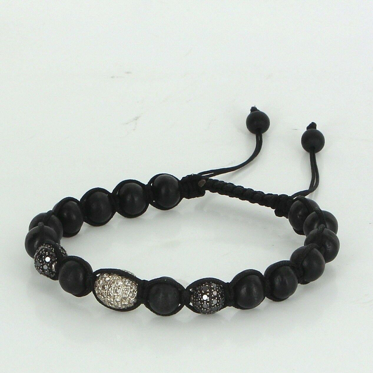 Moderne Bracelet boule en perles de bois et diamants noirs 1,60 carat, perle de soie, bijou de succession d'occasion en vente