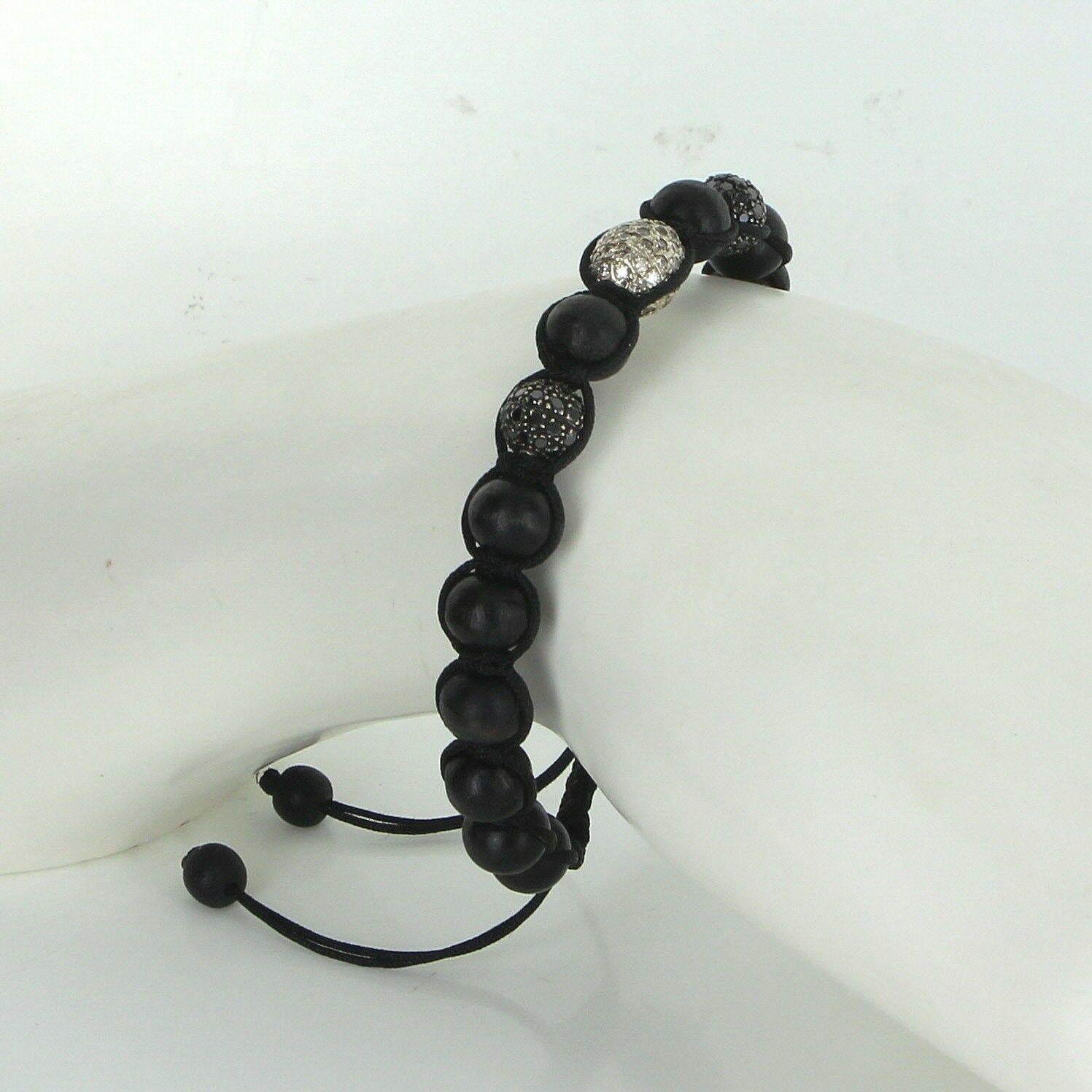 Bracelet boule en perles de bois et diamants noirs 1,60 carat, perle de soie, bijou de succession d'occasion Unisexe en vente