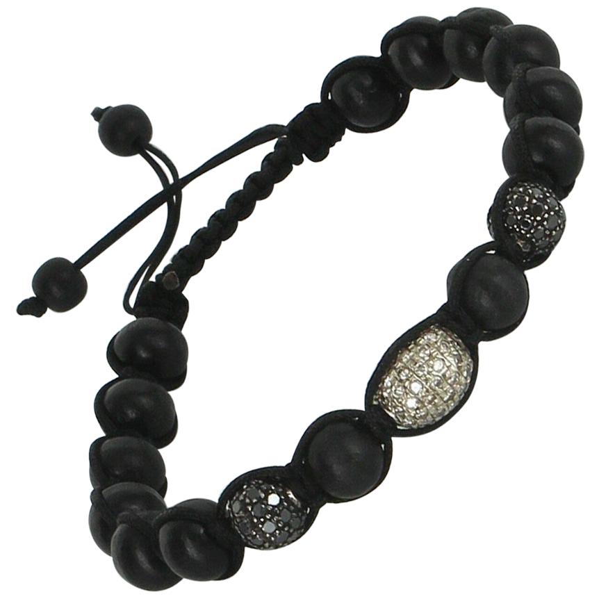 Bracelet boule en perles de bois et diamants noirs 1,60 carat, perle de soie, bijou de succession d'occasion en vente