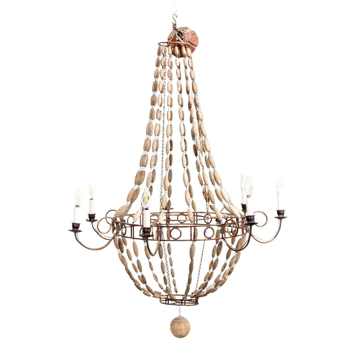 Large Regency Style  Beaded Wood and Copper Chandelier In Good Condition For Sale In New York, NY
