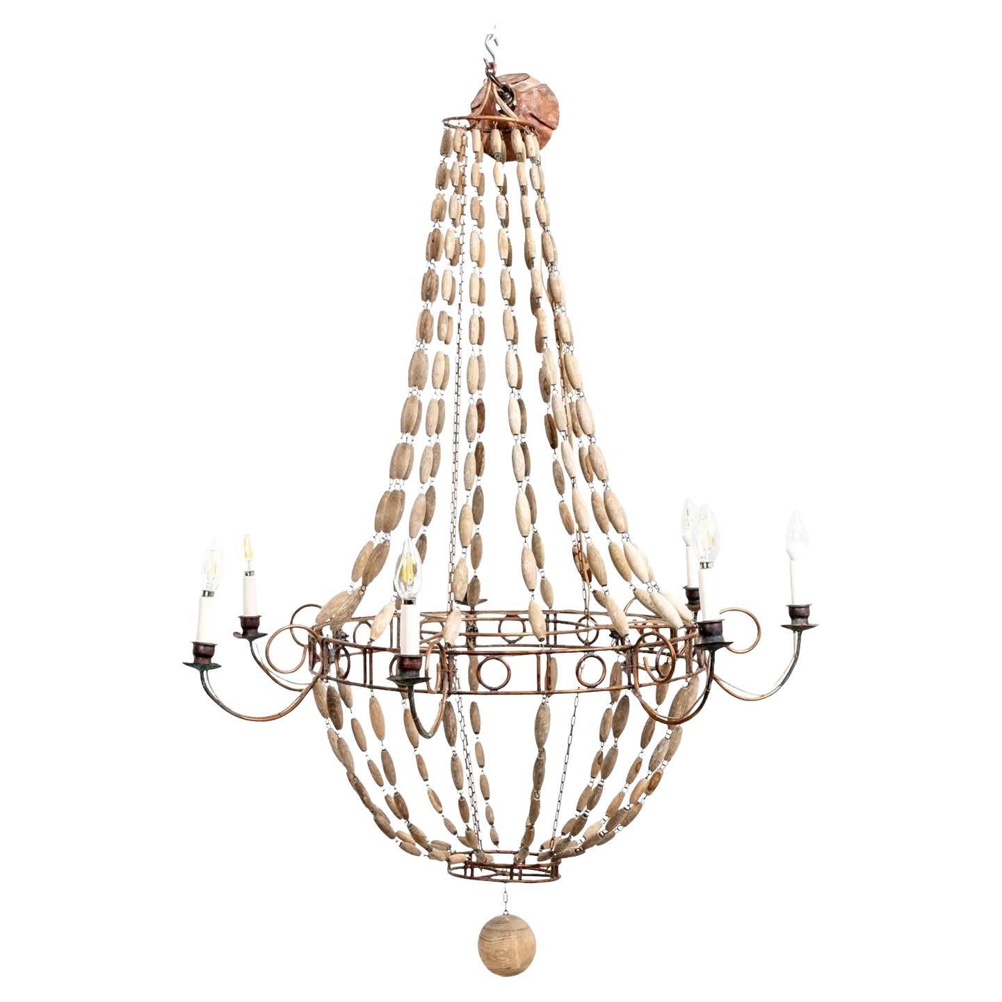 Large Regency Style  Beaded Wood and Copper Chandelier