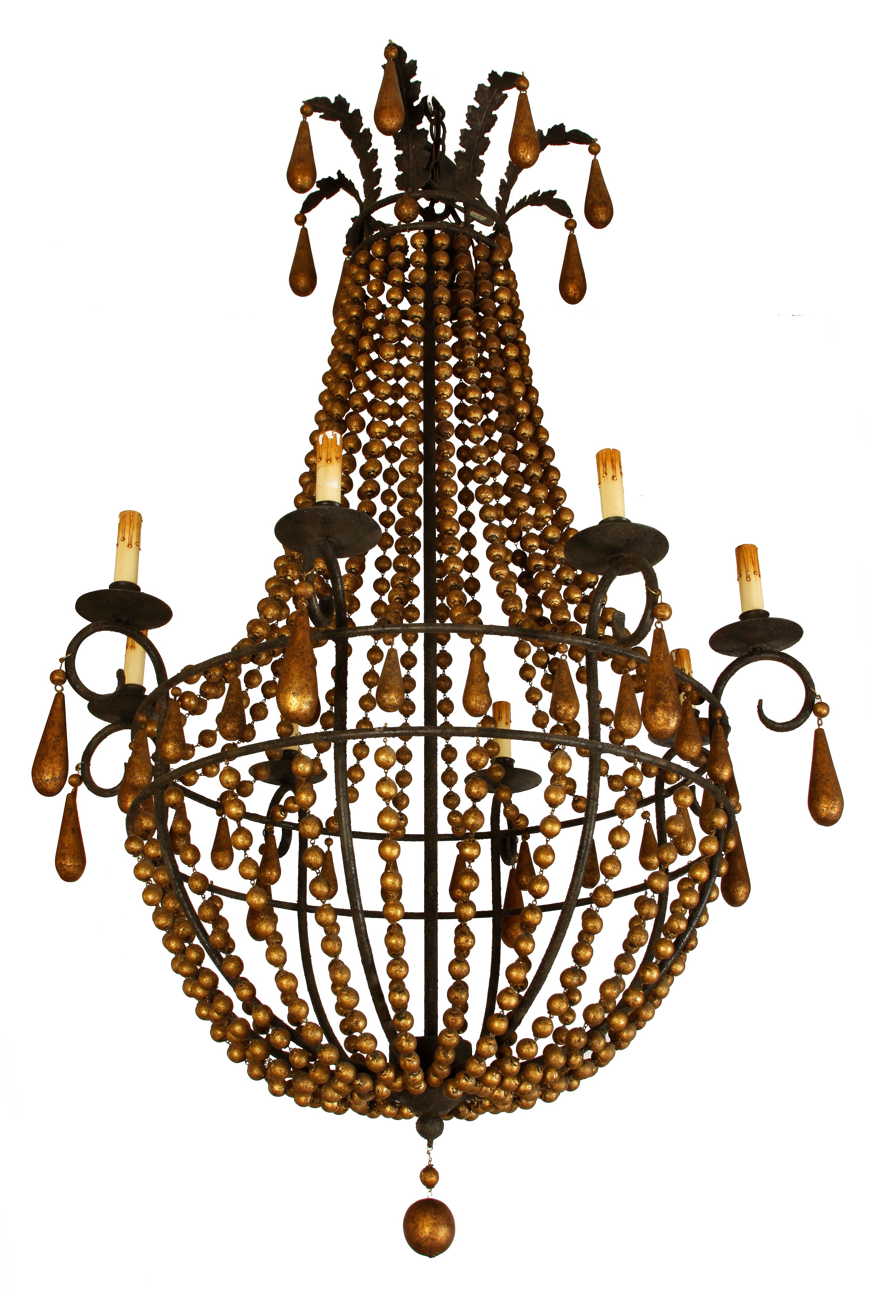Neoclassical chandelier with eight arms beautifully constructed from wood beads.