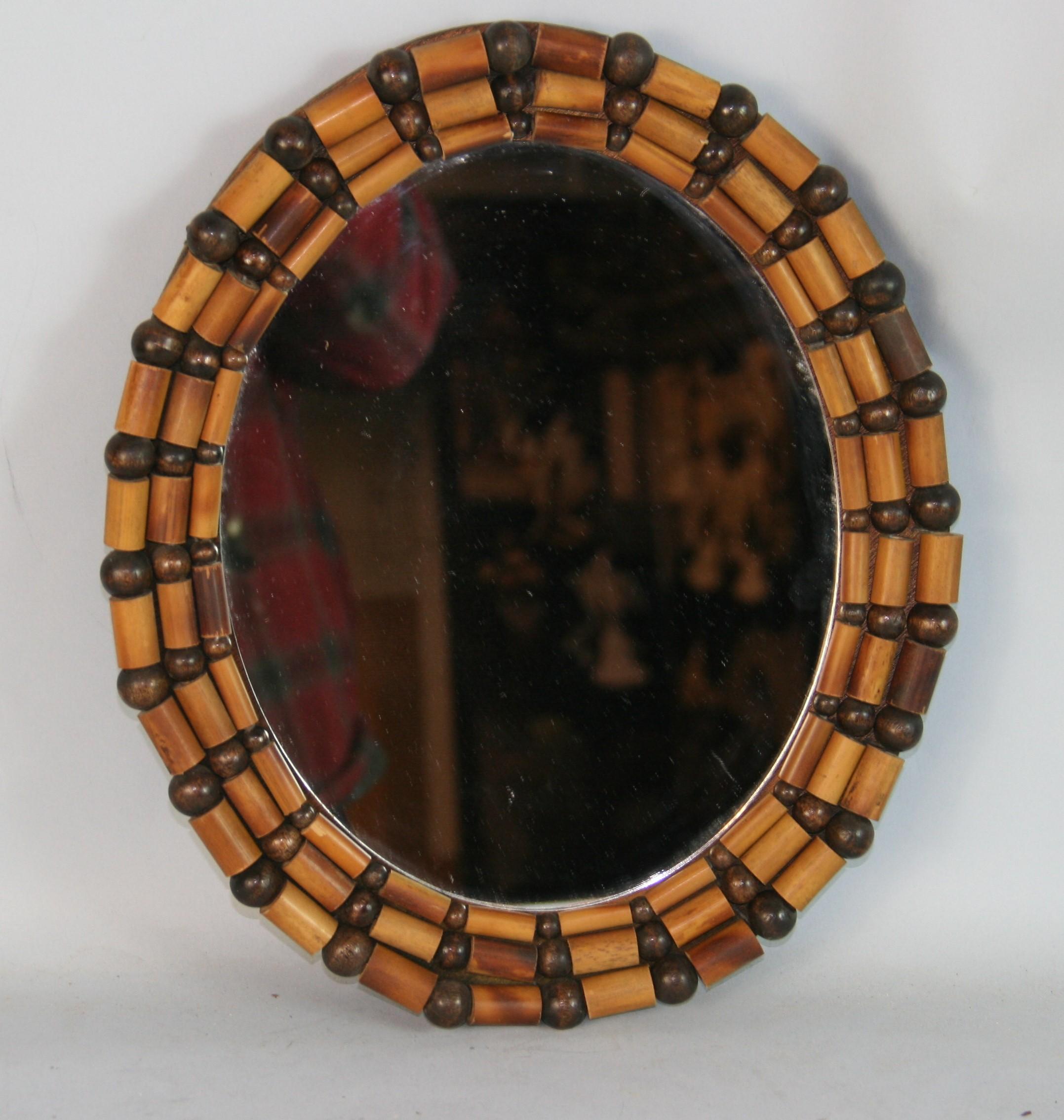 Wood Beads and Balls Small Oval Mirror In Good Condition For Sale In Douglas Manor, NY