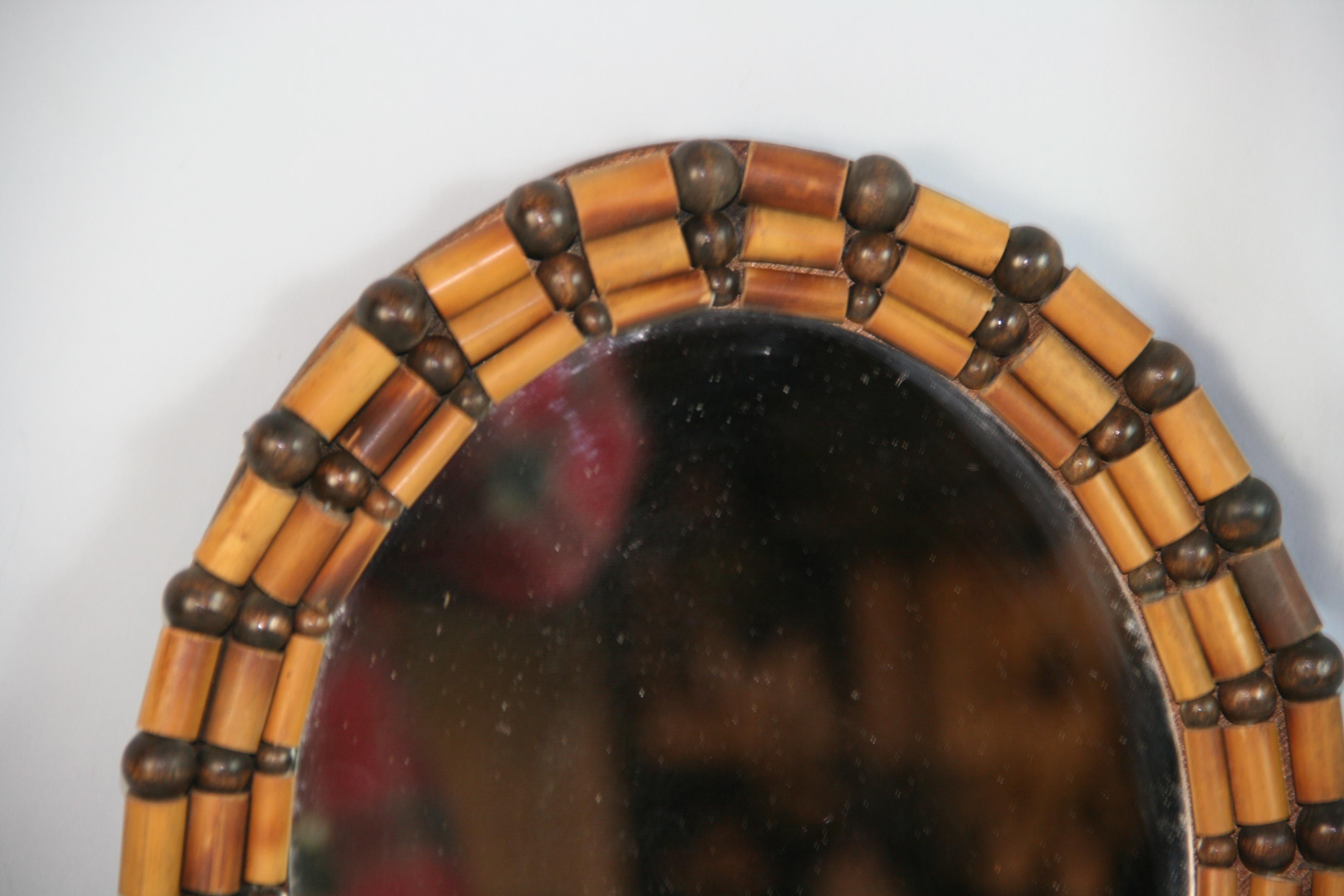 Mid-20th Century Wood Beads and Balls Small Oval Mirror For Sale