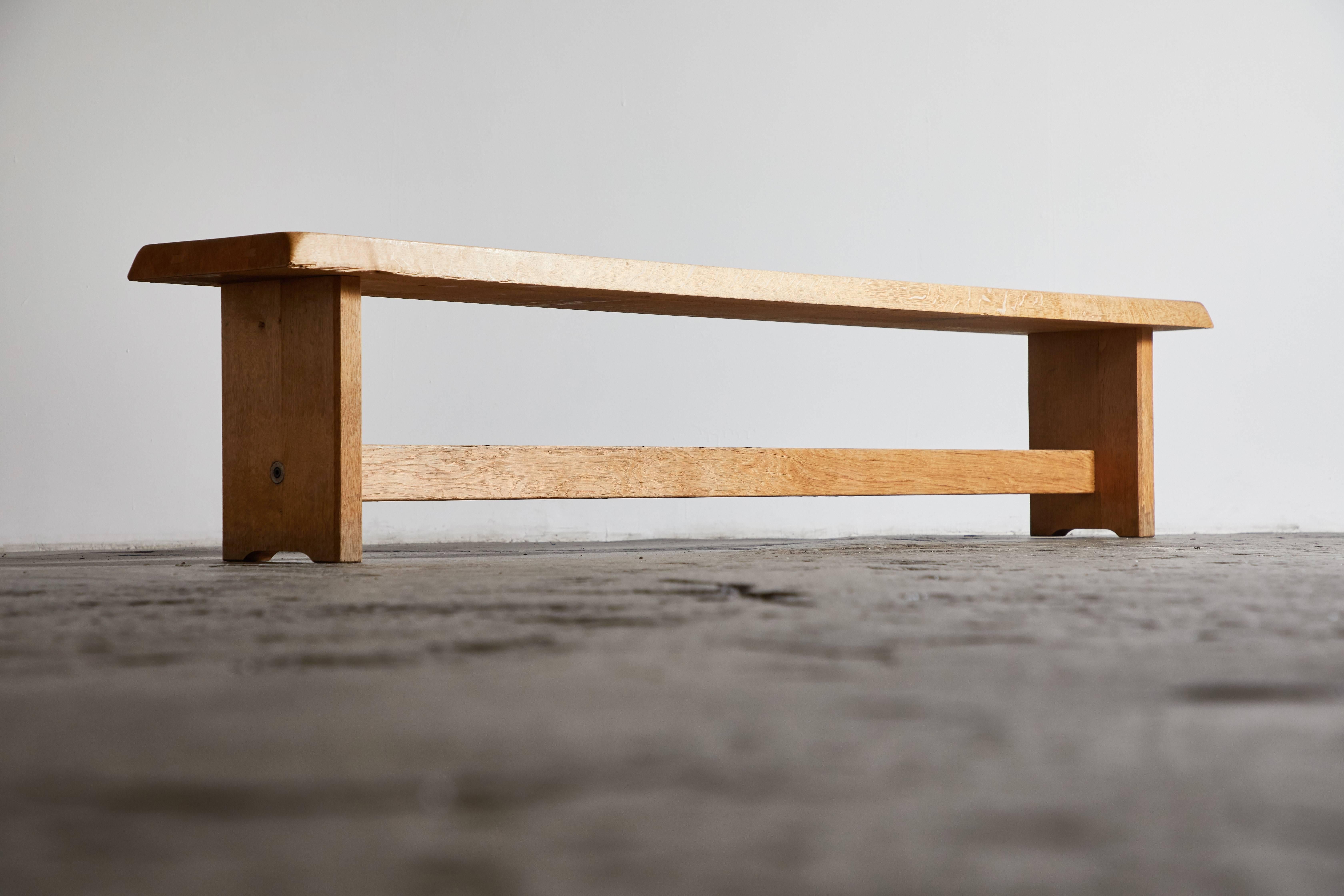 S14 patinated elm bench by Pierre Chapo. Made in France, circa 1960s.