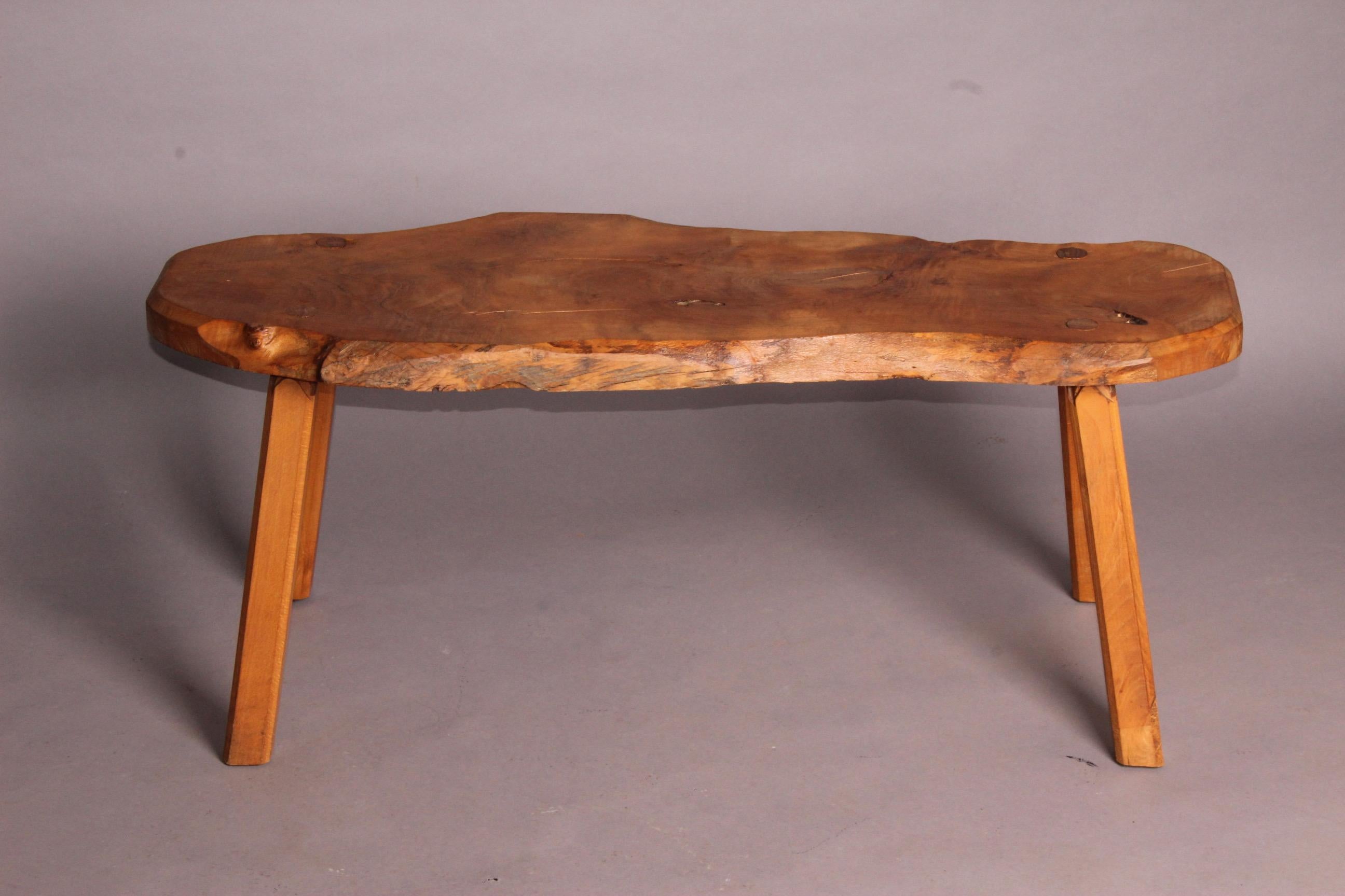 Wood bench or low table in the style of Ateliers Marolles.