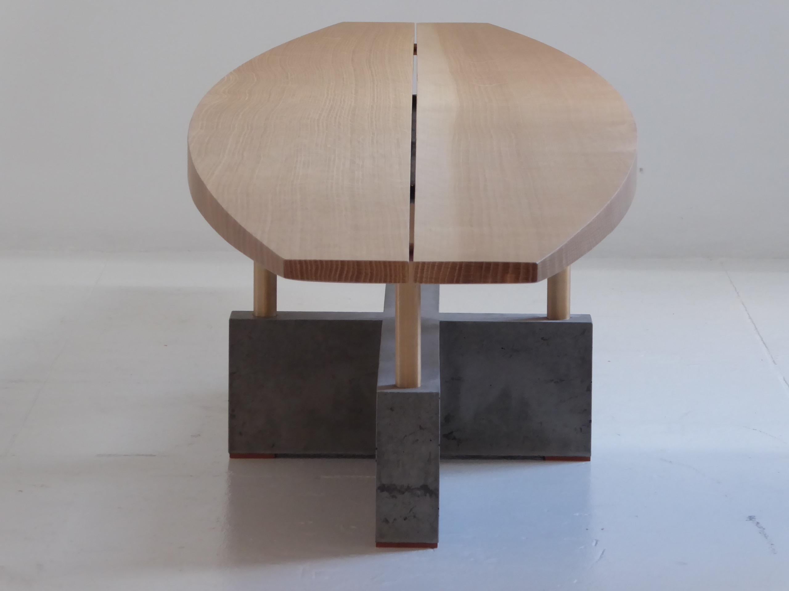 Modern Wood Bench or Table with Concrete Base and Bronze Details For Sale