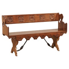 Wood Bench w/ Iron Stretcher & Carved Repeating Shell and Flower Motif at Back