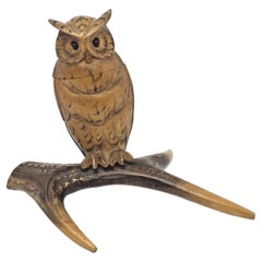 Wood Black Forest Brienz Carved Owl Inkwell German Antique, 1900s