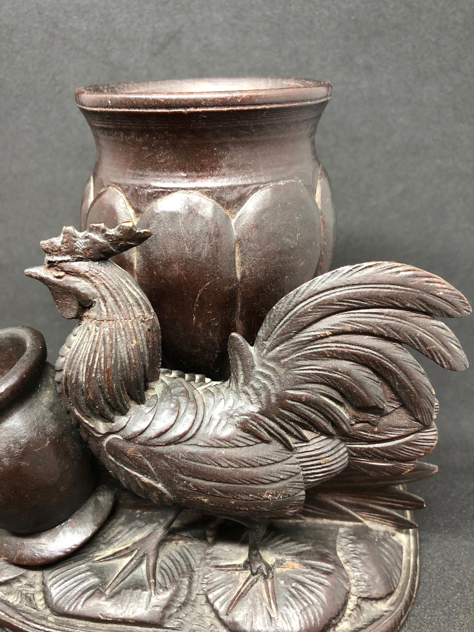 Hand-Carved Wood Black Forest Brienz Carved Rooster Catchall German Antique, 1900s