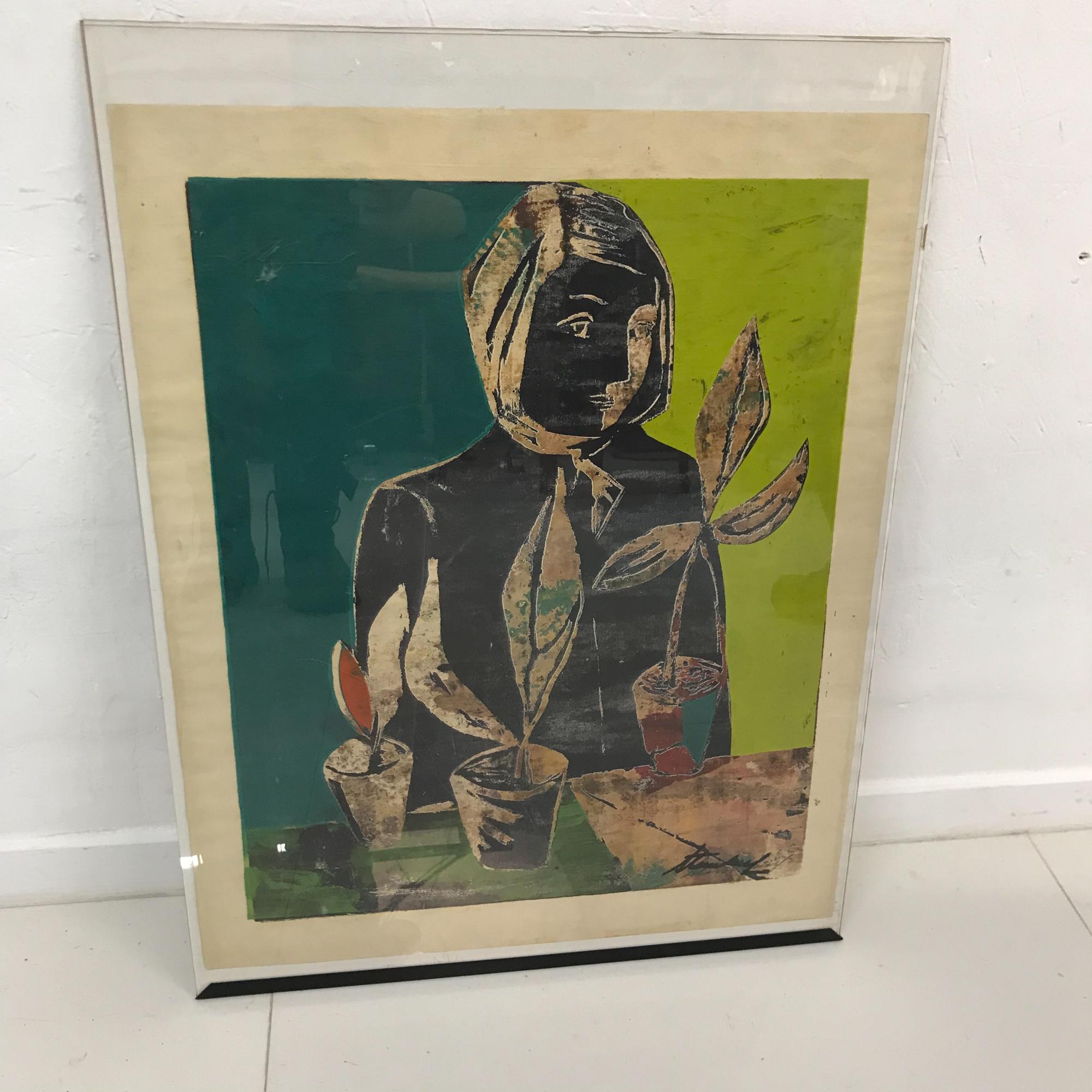 Holzblock-Lithographie, Stillleben, abstrakte Wandkunst, 1960er Jahre (Moderne) im Angebot