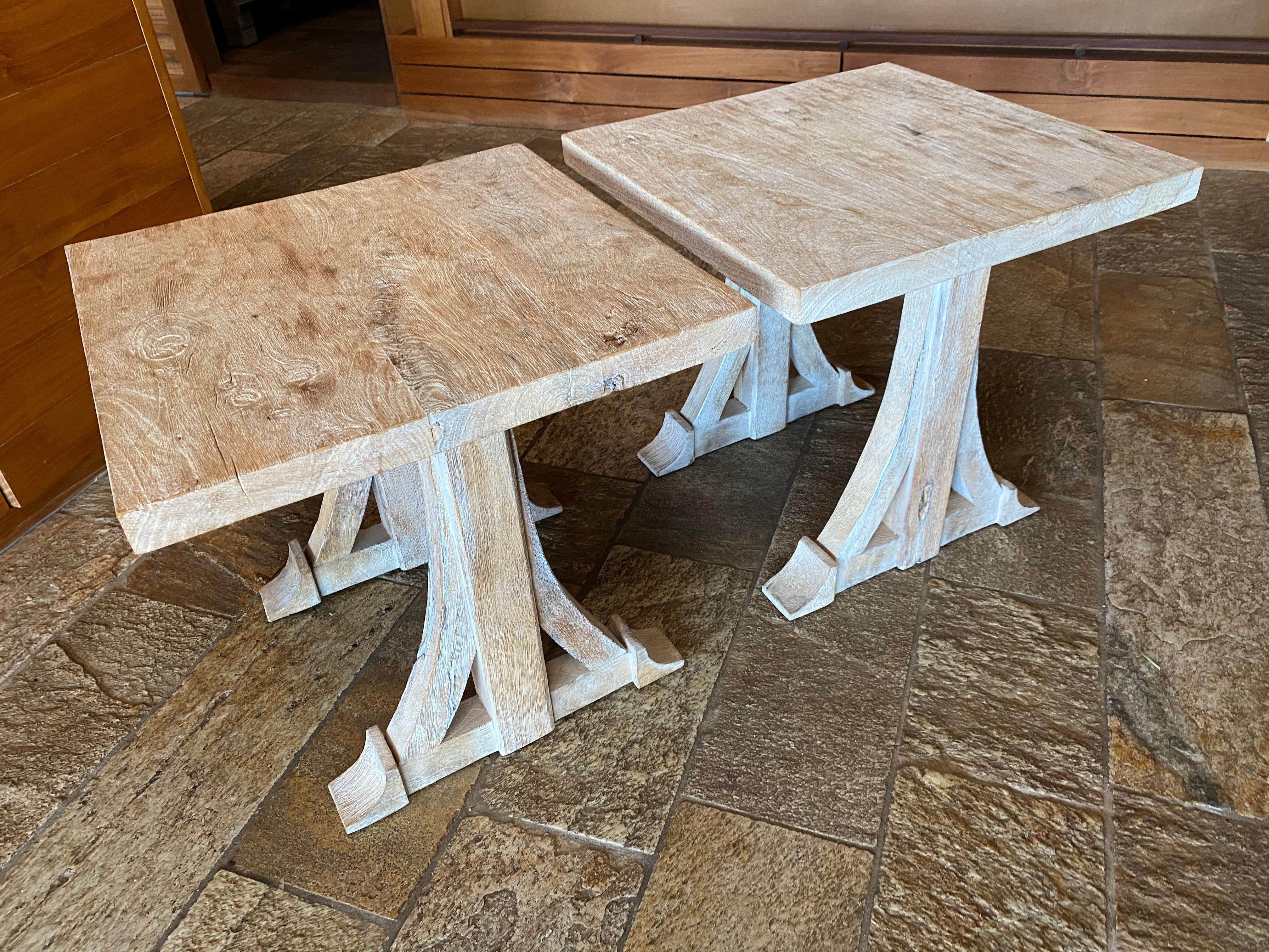 All wood, solid construction, pair of end tables can be combined to make a coffee table or separately as end/cocktail tables. Bone color wood has a slightly distressed and white-washed look. 