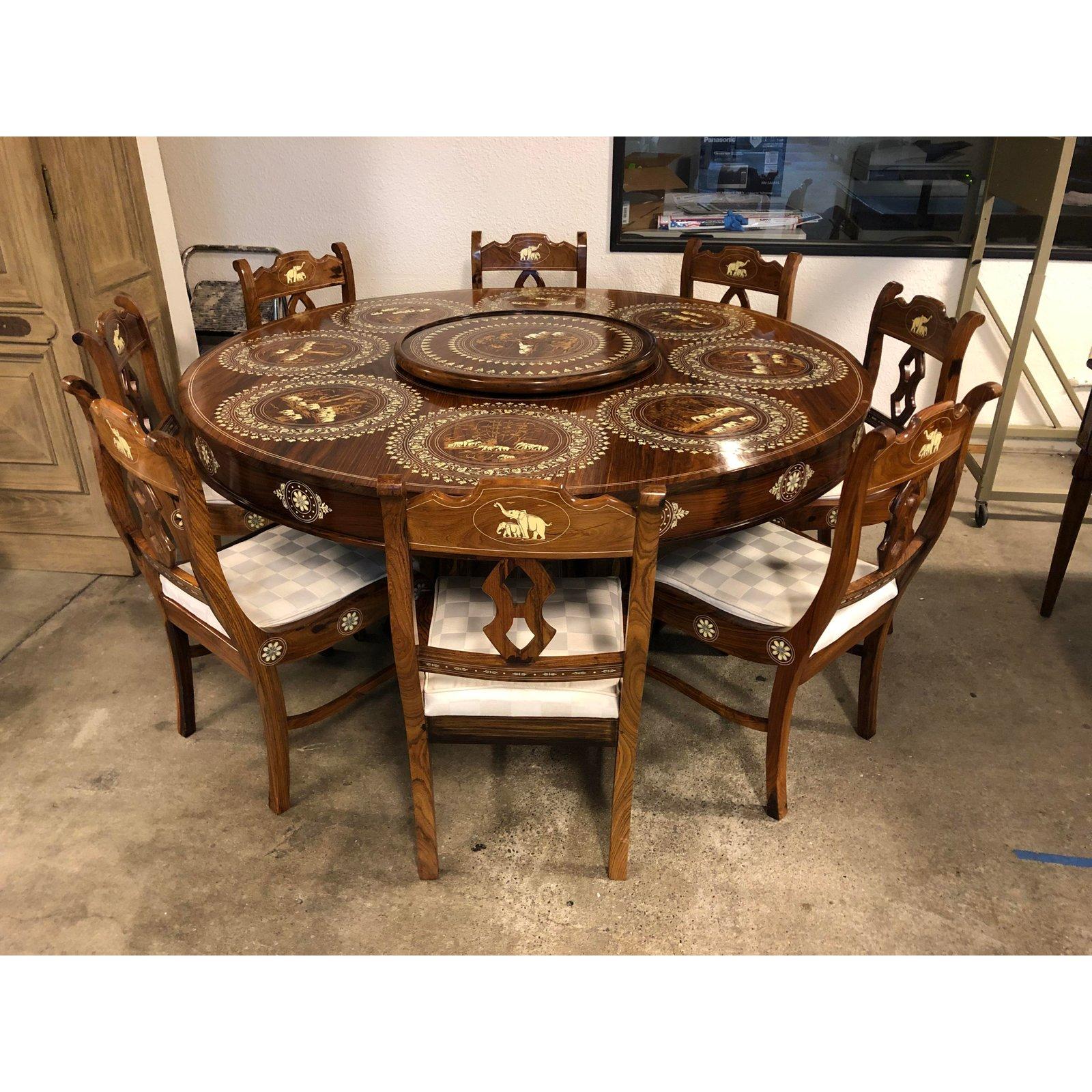 Wood and Bone Inlaid Dining Table and Eight Chairs from India For Sale 4