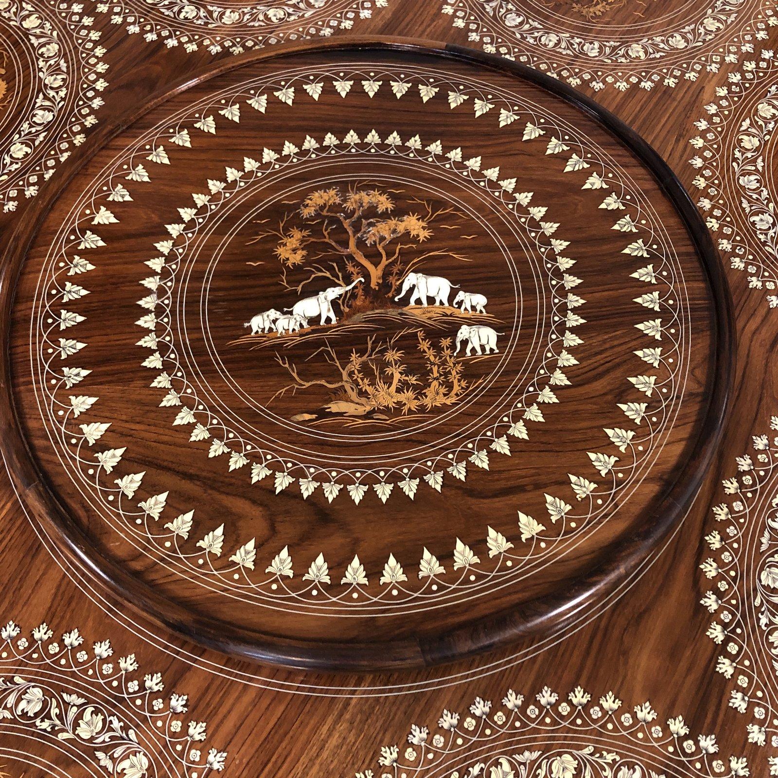 Wood and Bone Inlaid Dining Table and Eight Chairs from India In Good Condition For Sale In San Francisco, CA