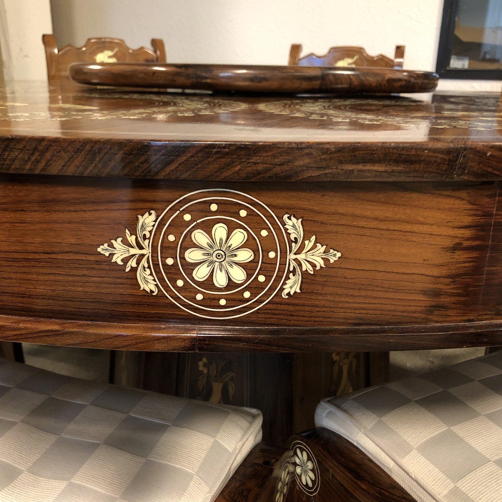 Contemporary Wood and Bone Inlaid Dining Table and Eight Chairs from India For Sale