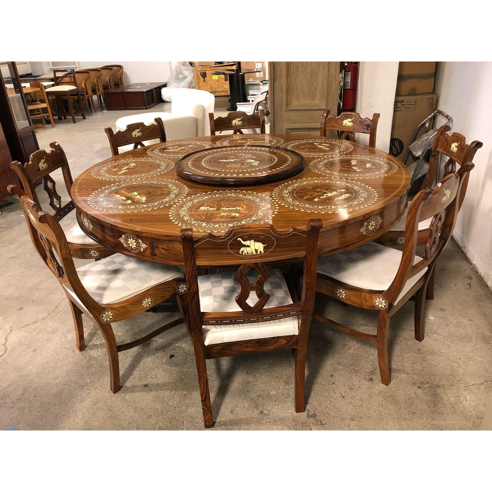 Wood and Bone Inlaid Dining Table and Eight Chairs from India For Sale 1