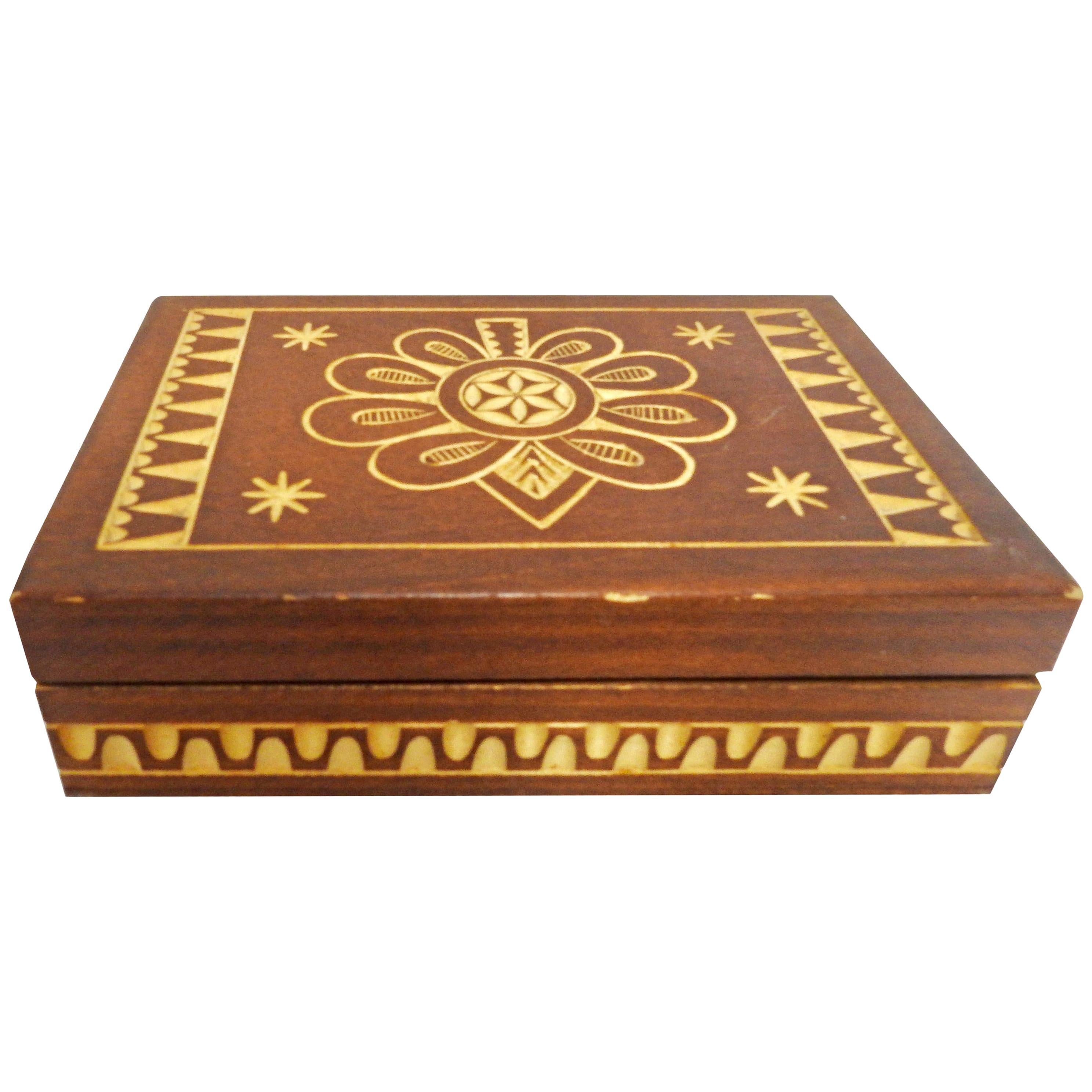 Wood Box Hand Carved Vintage For Sale