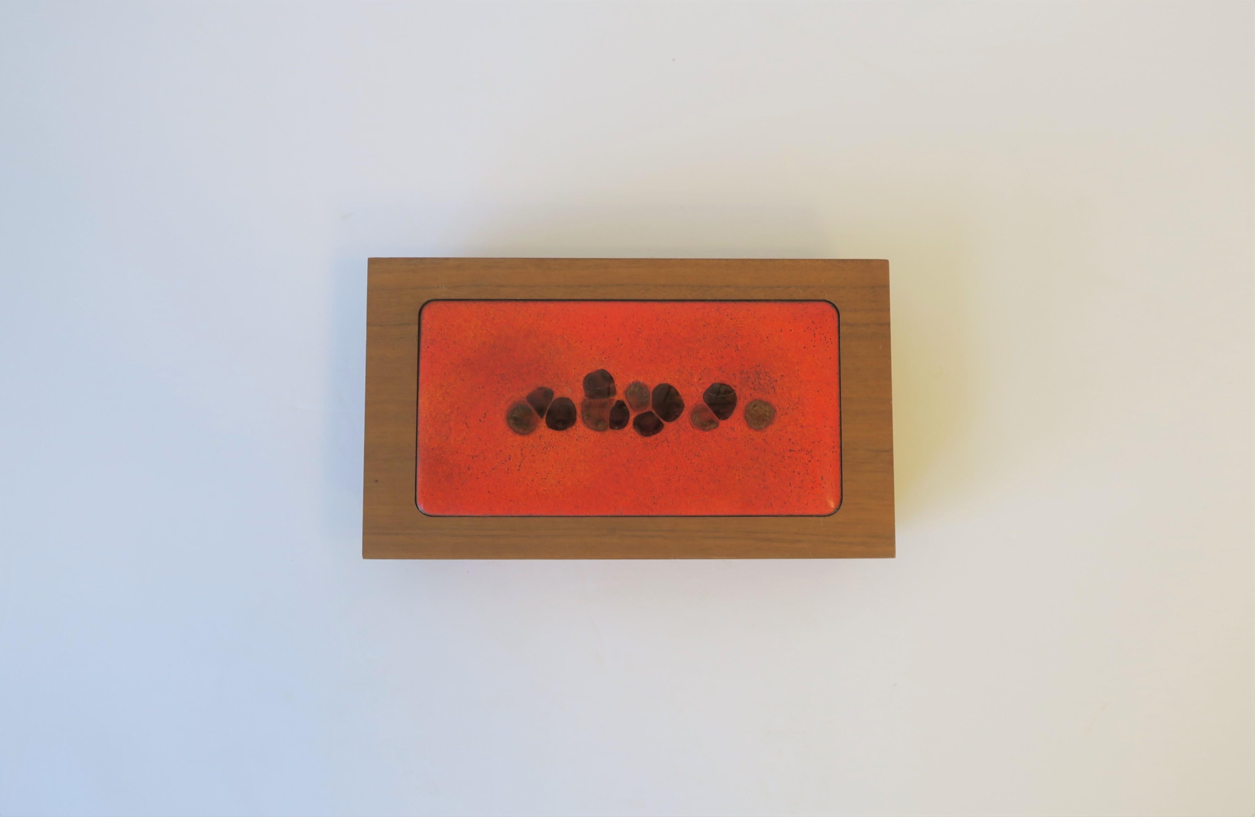 Mid-Century Modern Wood Box with Orange Enamel Top