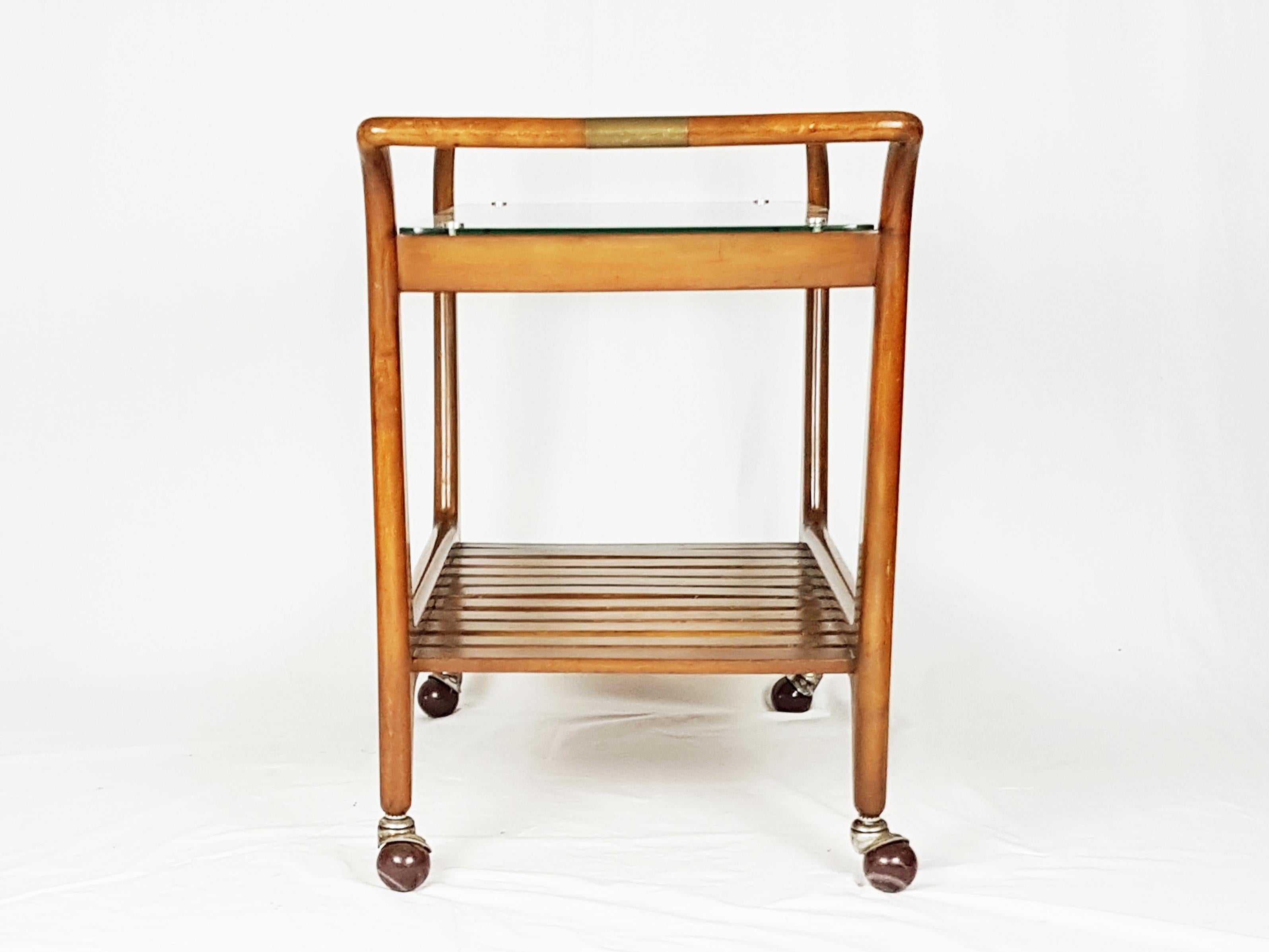 Wood, Brass and Glass 1950s Serving Cart in the Style of Giovanni Gariboldi In Good Condition For Sale In Varese, Lombardia