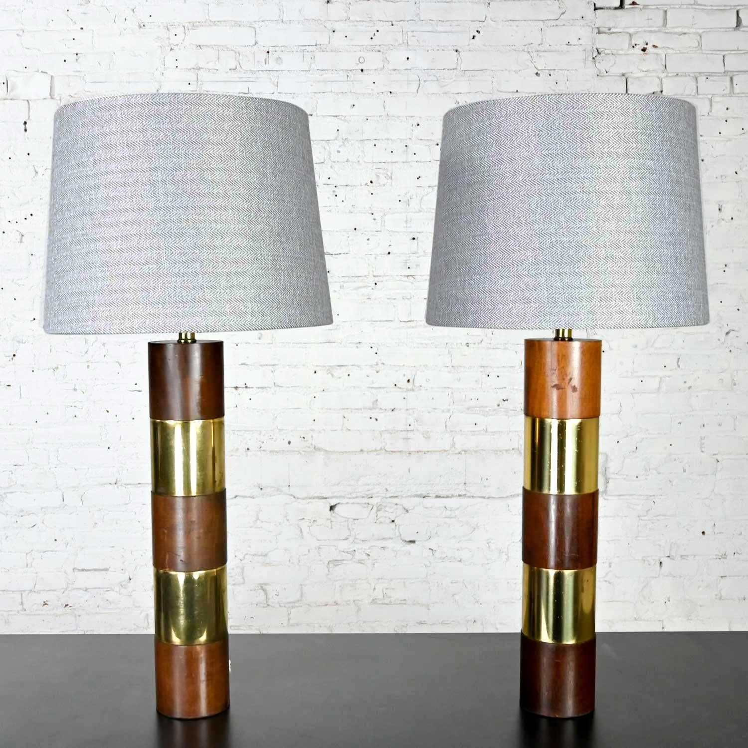 Plated Wood & Brass Plate Banded Pair Lamps Style of Milo Baughman for Thayer Coggin