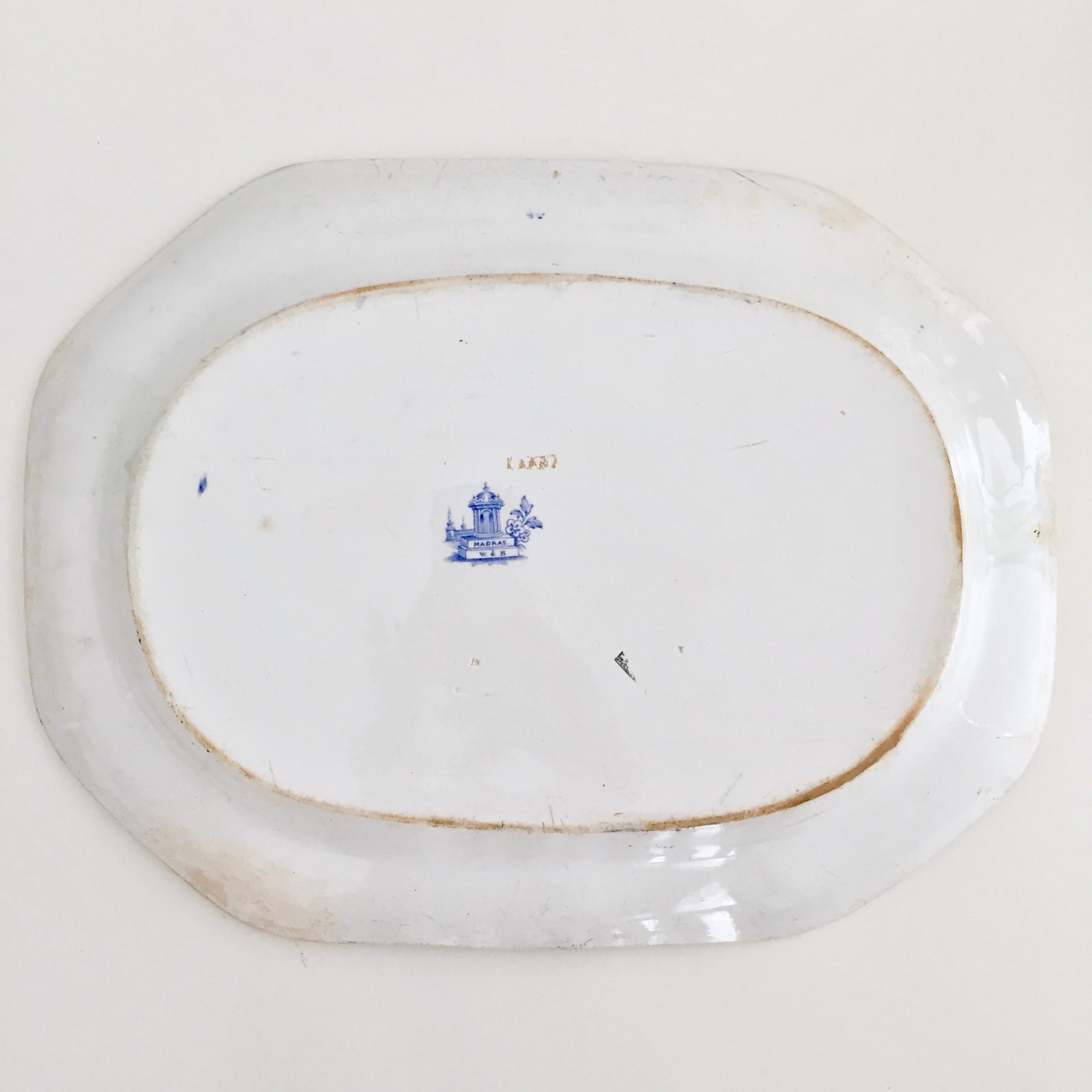 Wood & Brownfield Pottery Platter, Blue & White Transfer, Madras, Victorian 1845 3
