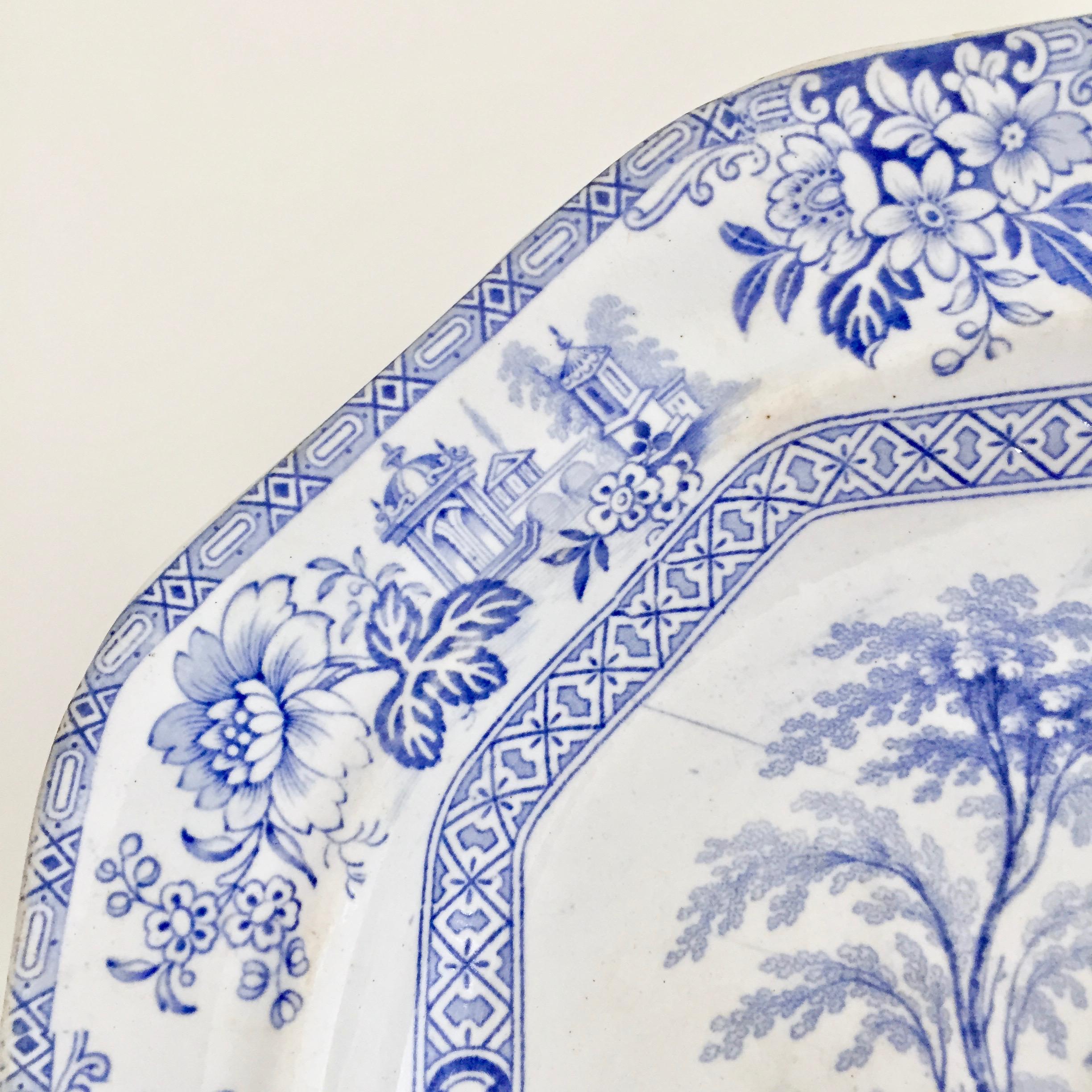 Wood & Brownfield Pottery Platter, Blue & White Transfer, Madras, Victorian 1845 In Good Condition In London, GB