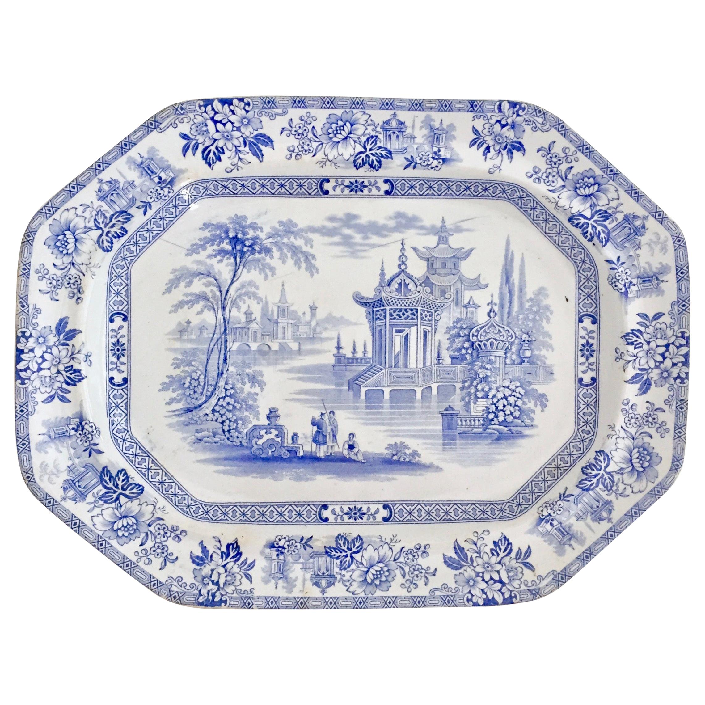 Wood & Brownfield Pottery Platter, Blue & White Transfer, Madras, Victorian 1845