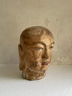 Buddha Head in Carved Painted Wood, Asia 19th Century