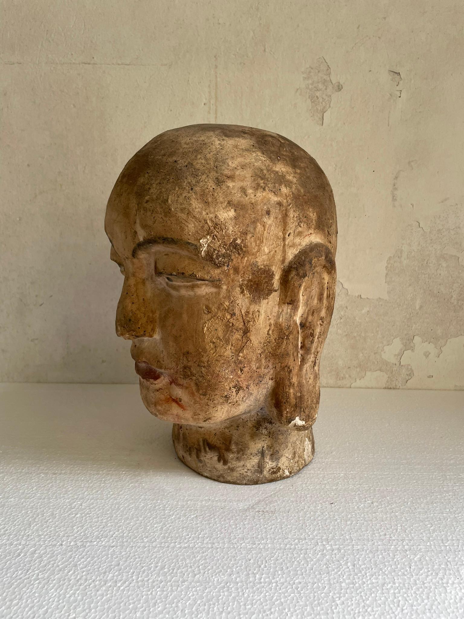 Asian Buddha Head in Carved Painted Wood, Asia 19th Century For Sale