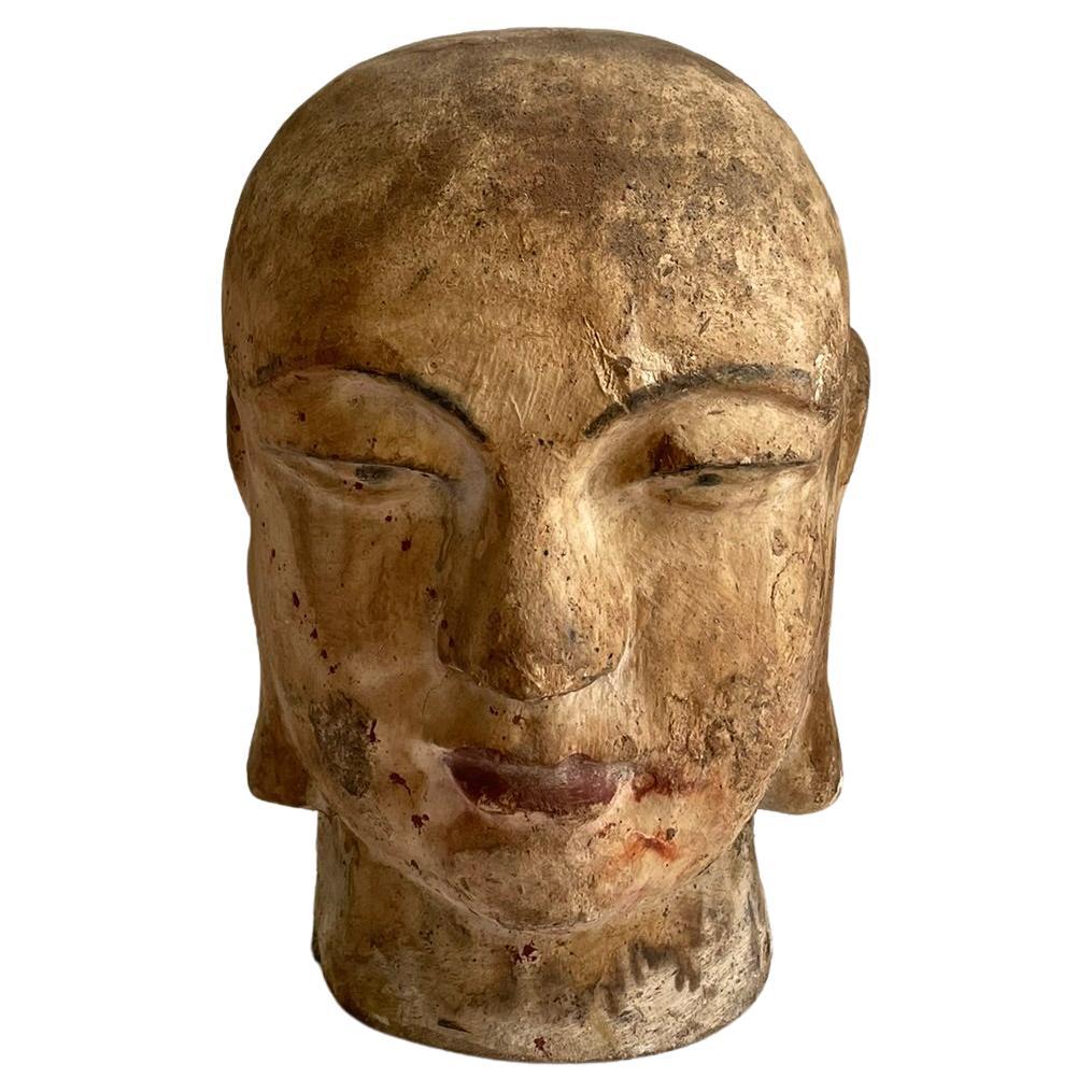 Buddha Head in Carved Painted Wood, Asia 19th Century For Sale