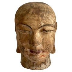 Buddha Head in Carved Painted Wood, Asia 19th Century