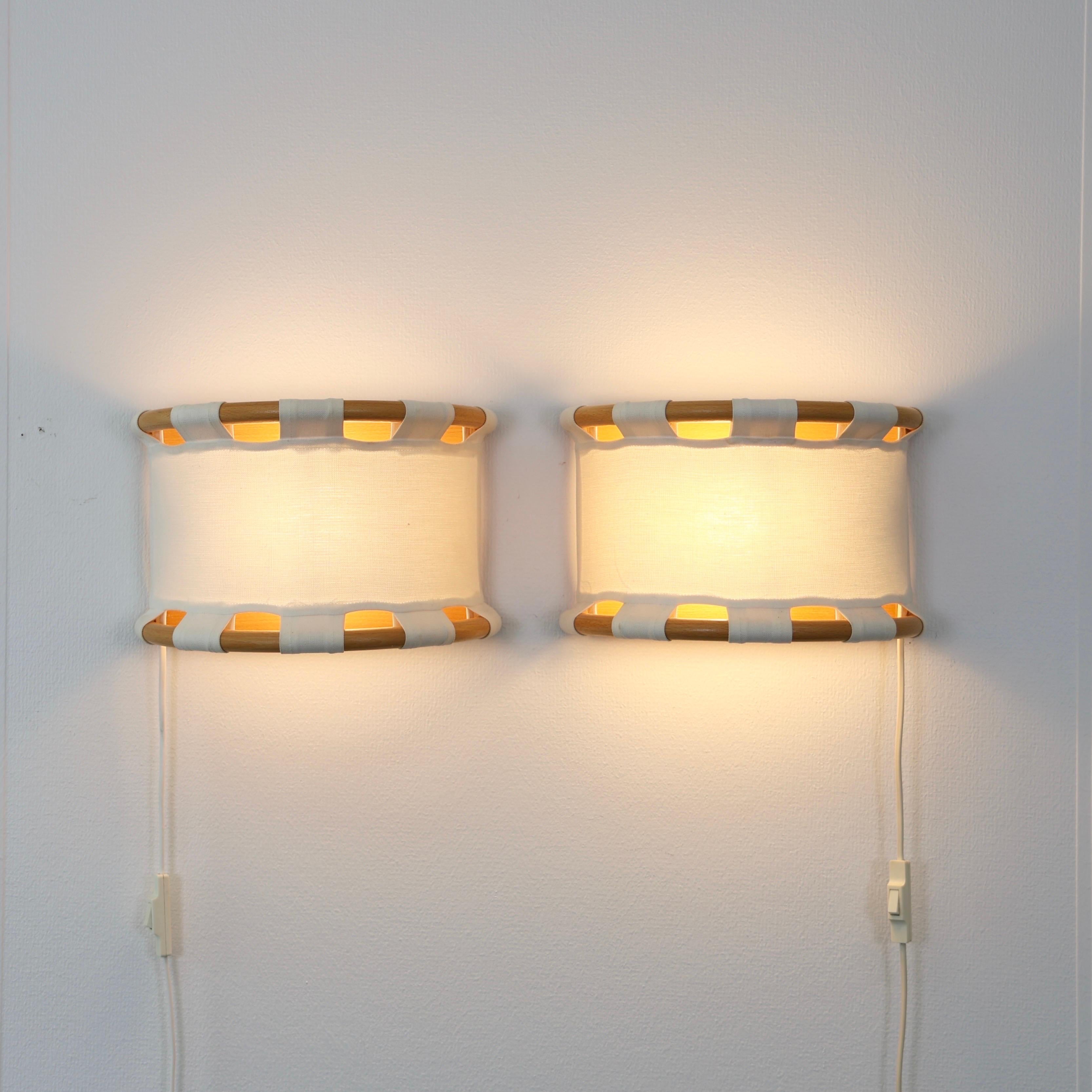 Scandinavian Modern Wood & Canvas Sconces by Anna Ehrner for Atelje Lyktan, 1980s, Sweden For Sale