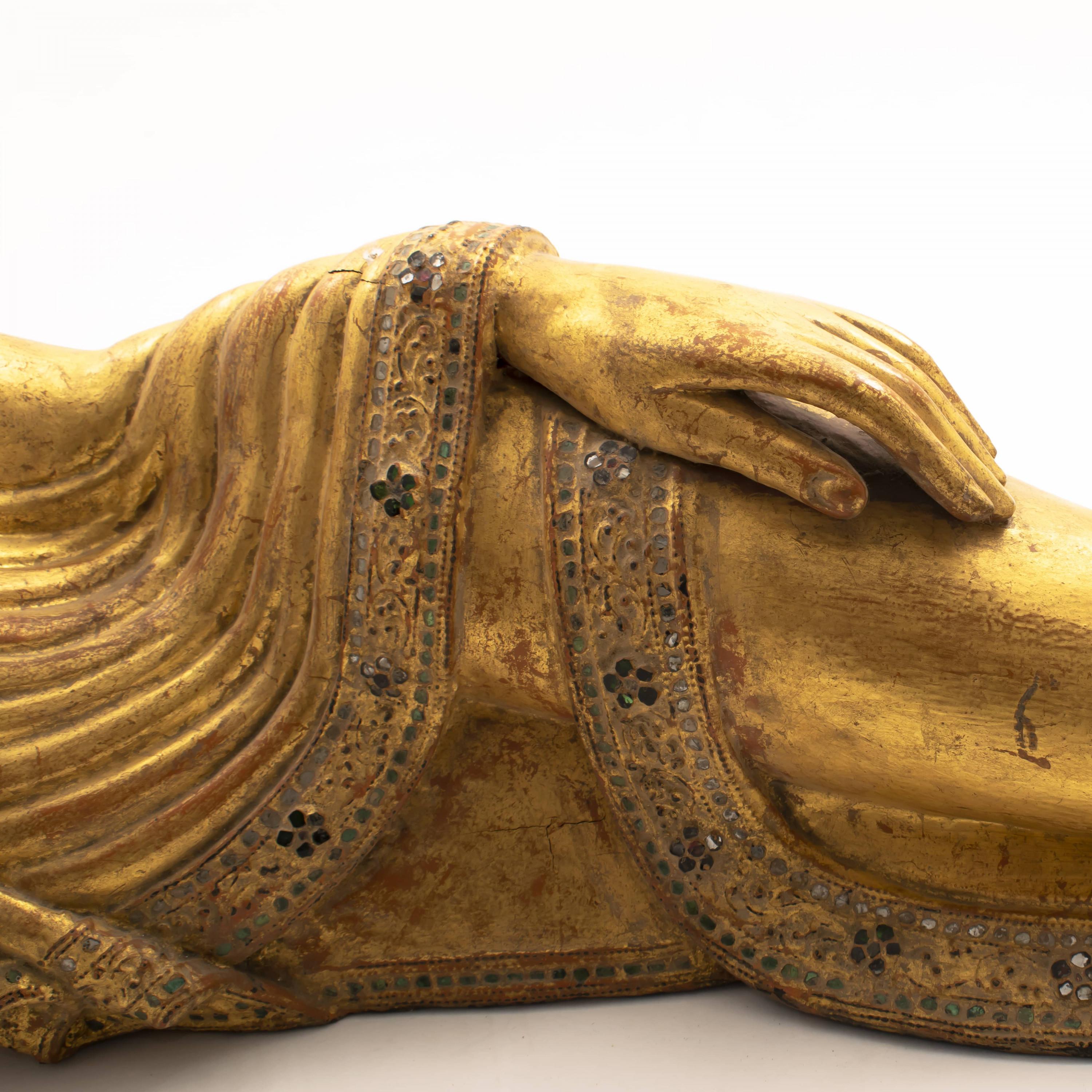 Hand-Carved Antique Wood Carved Buddha With Gilded Gold Leaf. 19Th Century