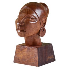 Wood Carved Female Bust by J. Pinal