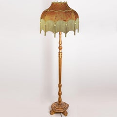 Wood Carved Floor Lamp with Fringed Lampshade, Italy, 1970s