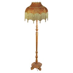 Vintage Wood Carved Floor Lamp with Fringed Lampshade, Italy, 1970s