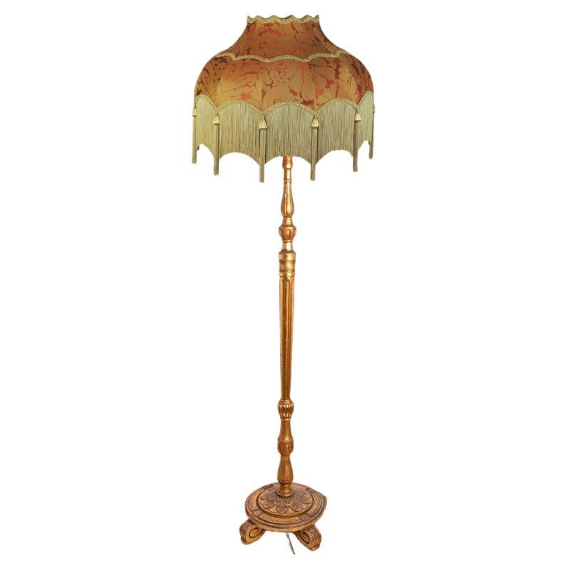 Wood Carved Floor Lamp with Fringed Lampshade, Italy, 1970s For Sale