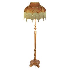 Wood Carved Floor Lamp with Fringed Lampshade, Italy, 1970s