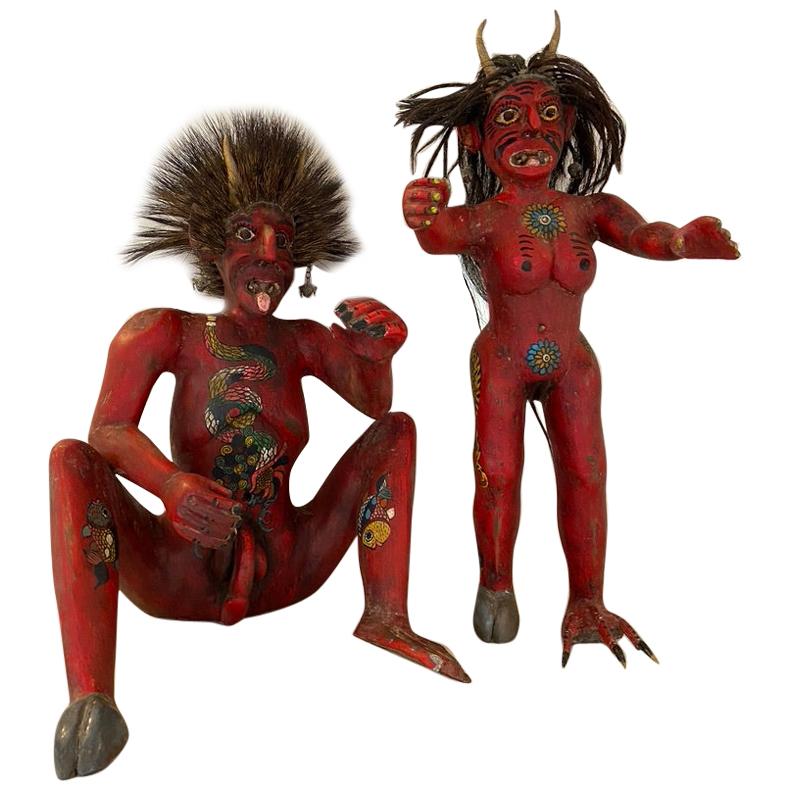 Wood Carved Folk Art Devil Figures from Mexico, 1980s