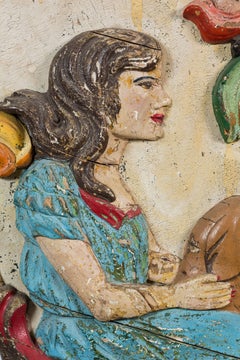 Wood Carved Folk Art Girl and Dog Carousel Chariot Original Paint Surface