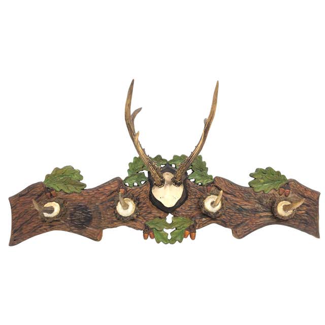 Black Forest Carved Coat Rack with Antler Carvings and 10 ...