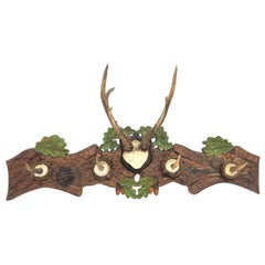 Vintage Wood Carved German Black Forest Hat Coat Rack with Deer Antlers, 1930s