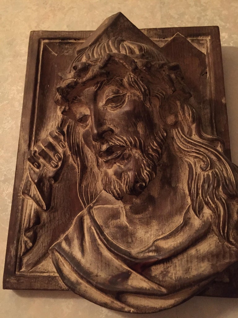 Wood Carved Jesus Christ Head Basrelief Italian Vintage Wall Decoration Panel For Sale 6