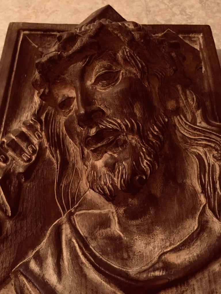 Wood Carved Jesus Christ Head Basrelief Italian Vintage Wall Decoration Panel For Sale 7