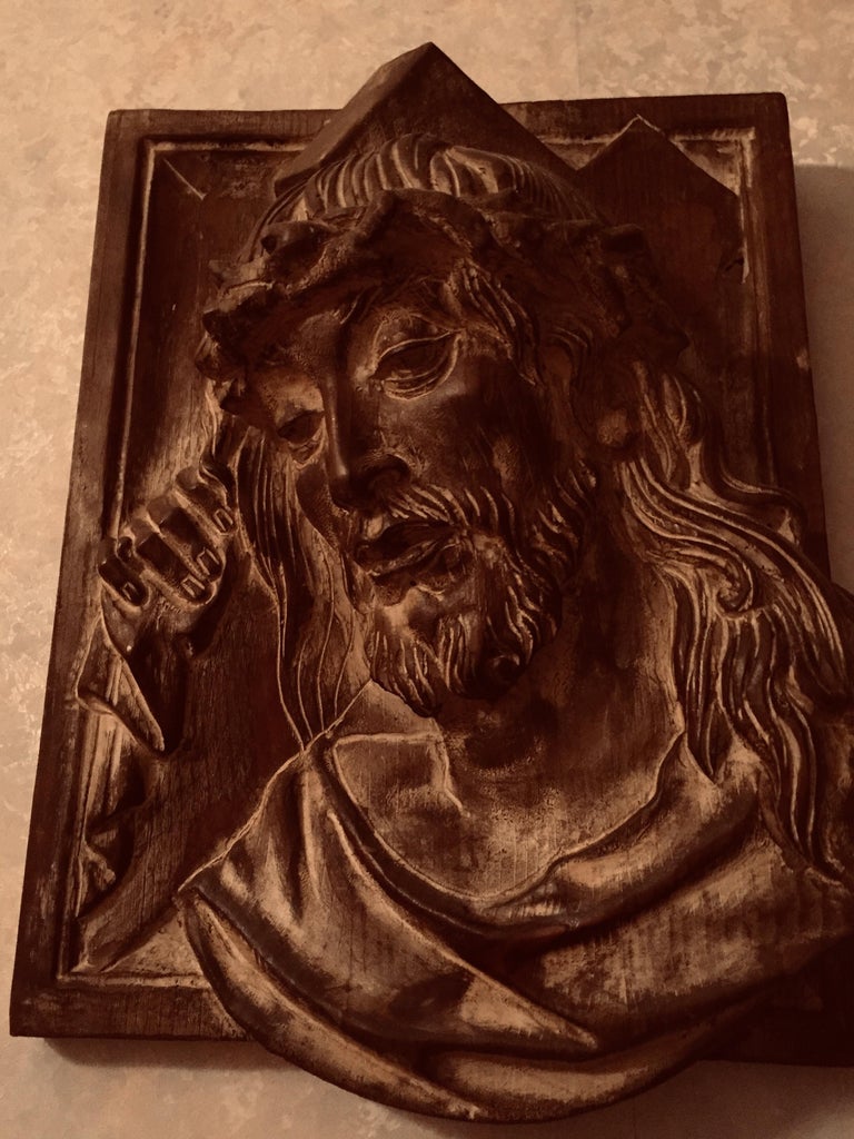 Wood Carved Jesus Christ Head Basrelief Italian Vintage Wall Decoration Panel For Sale 8
