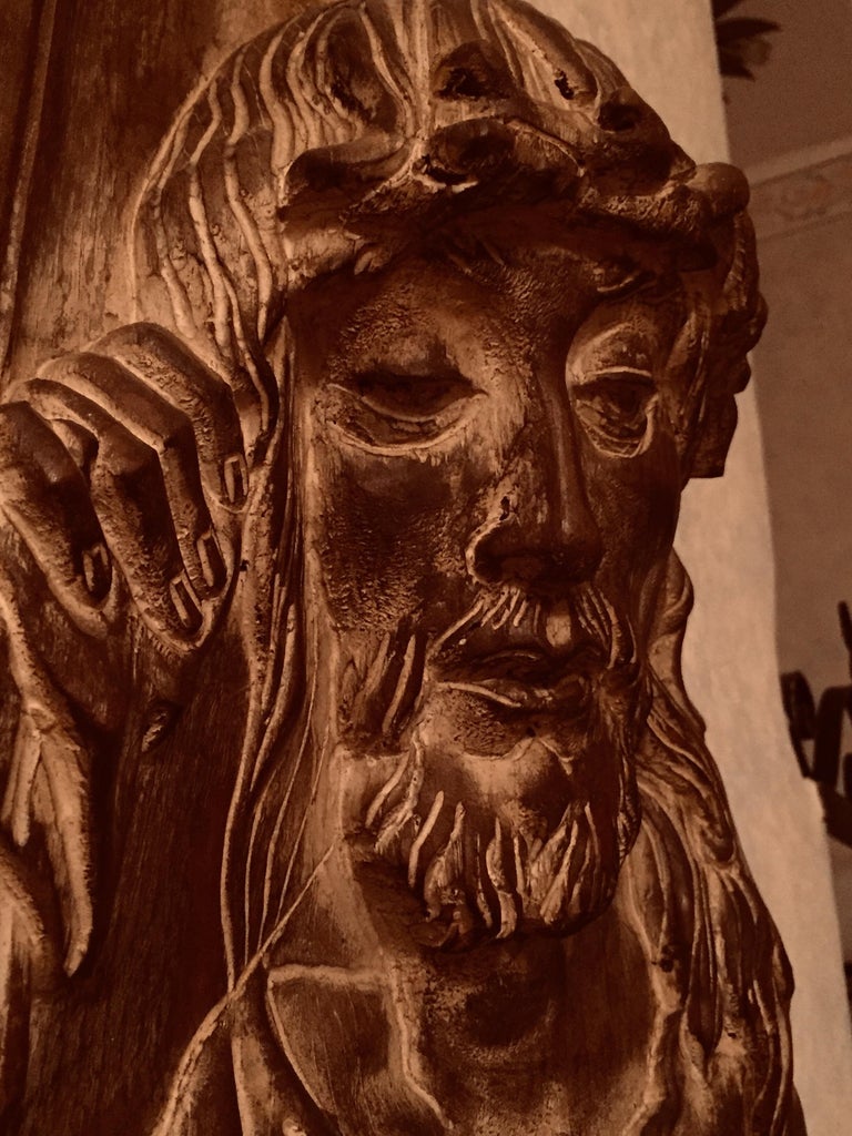 Wood Carved Jesus Christ Head Basrelief Italian Vintage Wall Decoration Panel For Sale 10