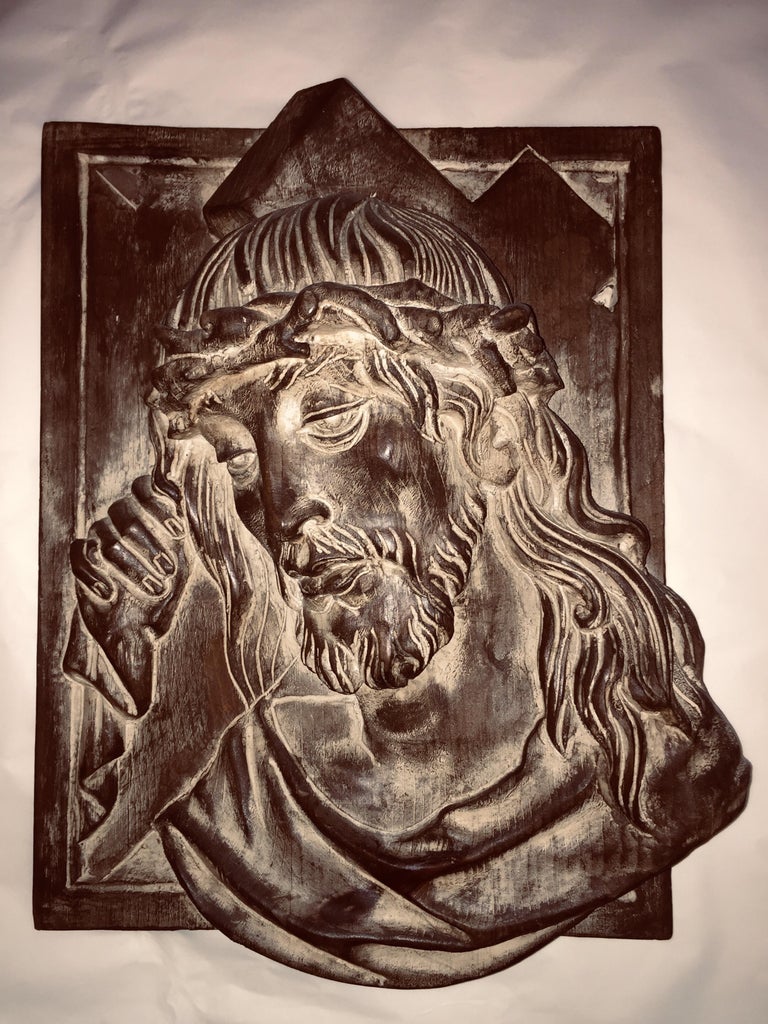 Wood Carved Jesus Christ Head Basrelief Italian Vintage Wall Decoration Panel In Good Condition For Sale In Milan, IT