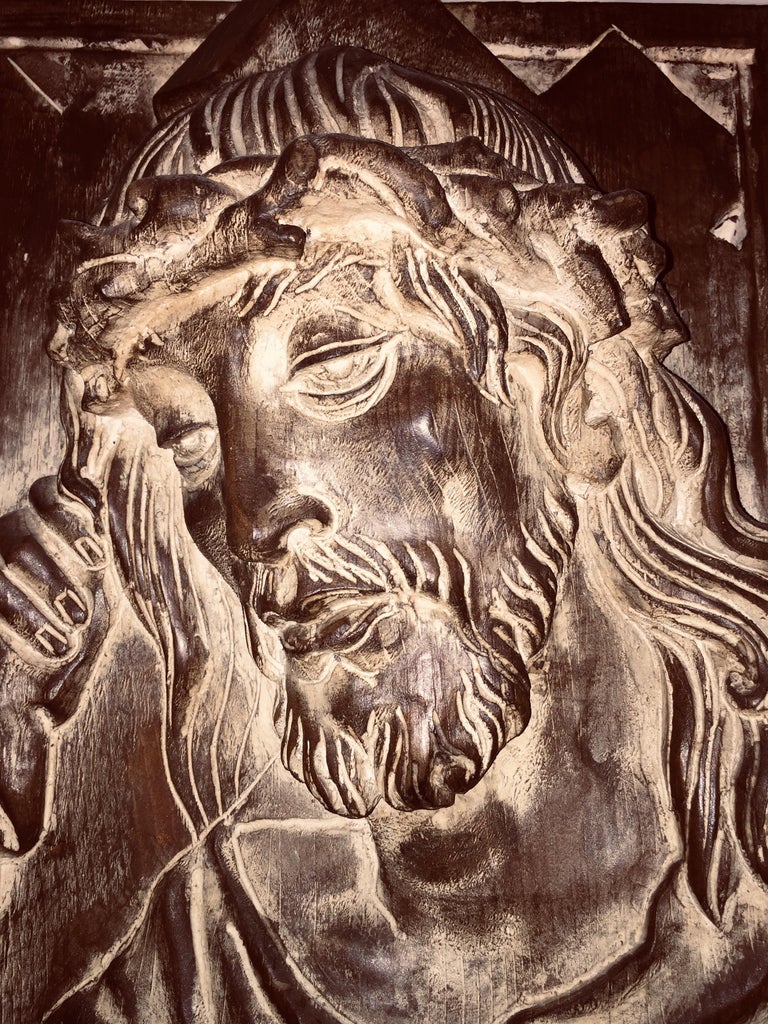 Wood Carved Jesus Christ Head Basrelief Italian Vintage Wall Decoration Panel For Sale 1