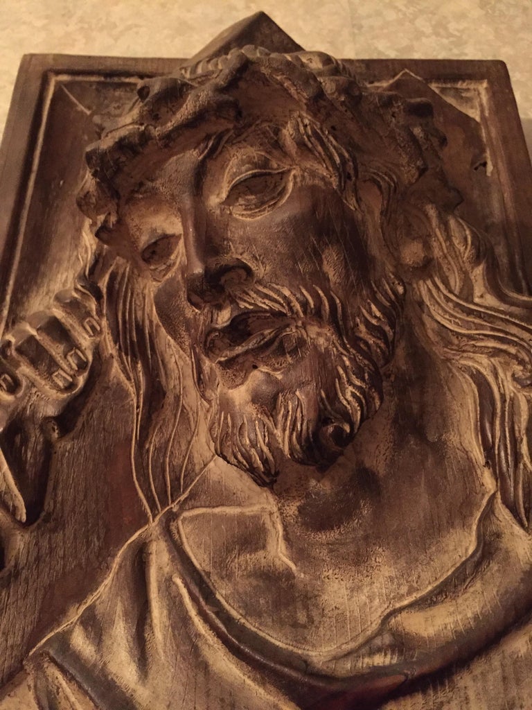 Wood Carved Jesus Christ Head Basrelief Italian Vintage Wall Decoration Panel For Sale 3
