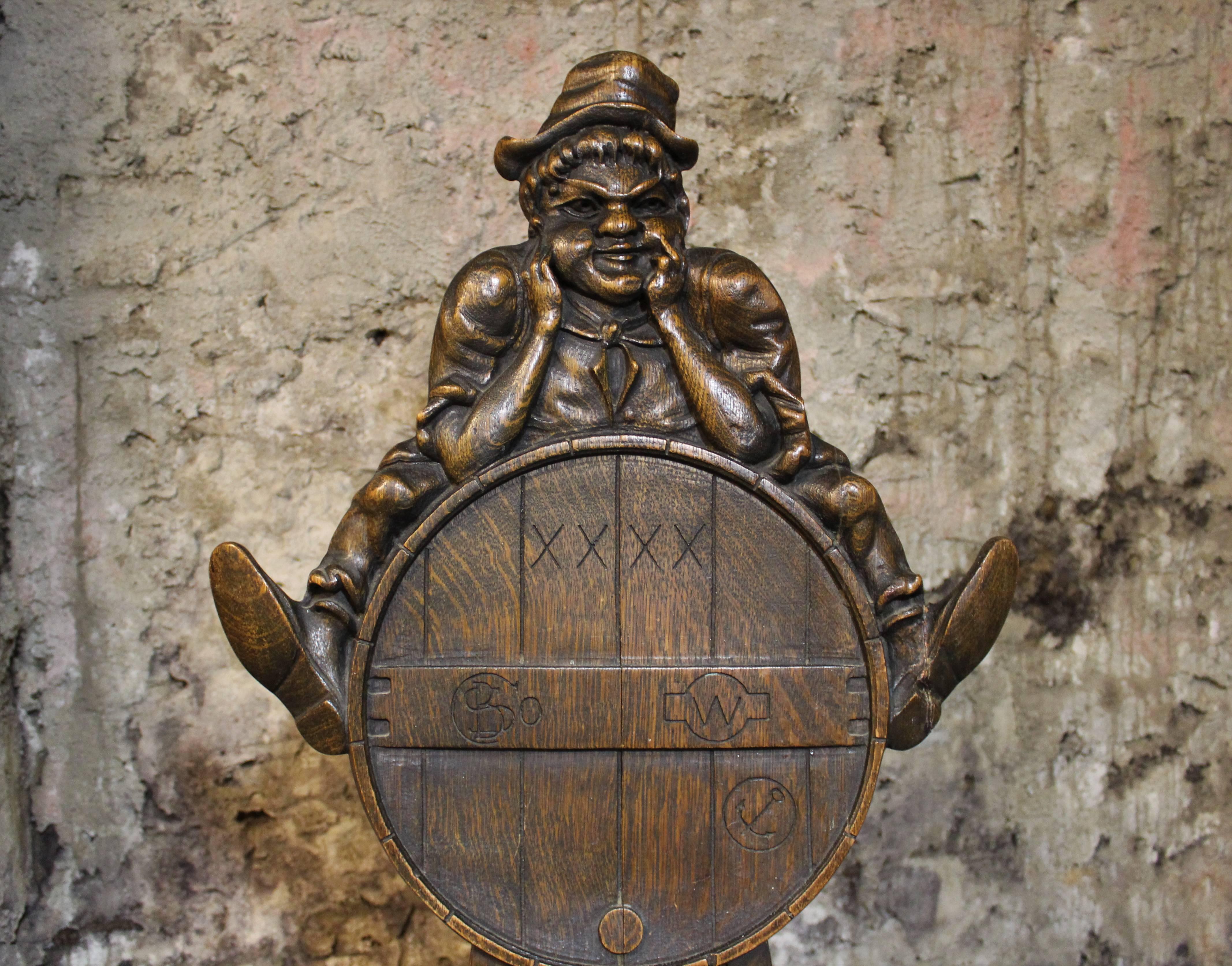 Whiskey distillery advertising promotional leprechaun Shea Bocqueraz Company (SB Co. based in San Francisco logo on seat backrest) carved wooden chair, made in Dayton Ohio on the label under seat. Chair is made of quarter-sewn oak, the back is one